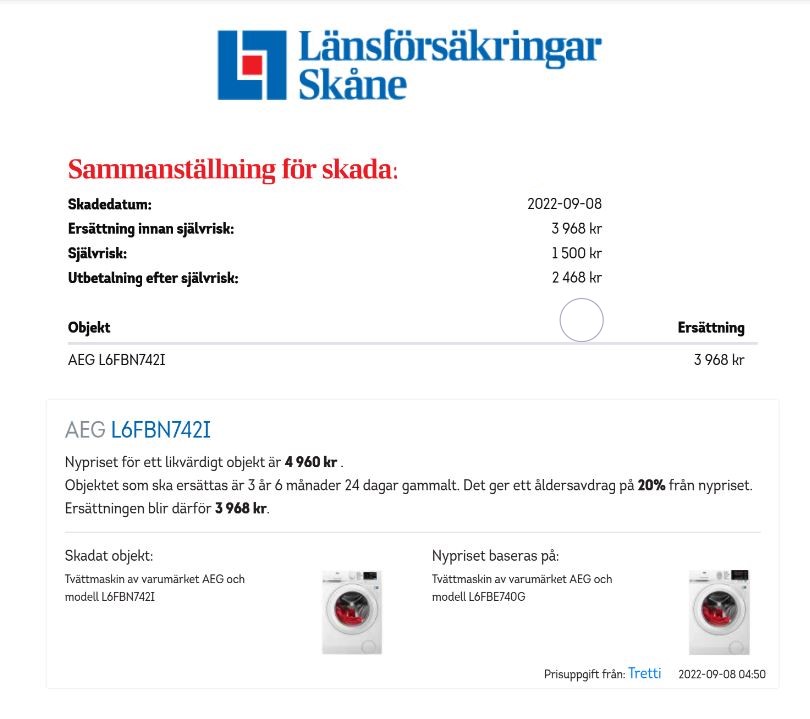 Hemförsäkring trasig tvättmaskin